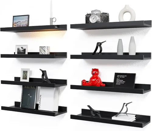 Vista 10 de RICHER HOUSE Juego de 3 estantes flotantes para pared, estantes negros de 16 pulgadas para montar en la pared con borde para almacenamiento, estante