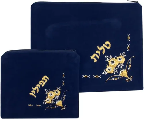 Vista 6 de Juego de bolsas de terciopelo azul oscuro y Tefillin con bolsa de plástico protectora (corona)