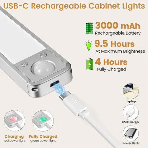 Vista 5 de Luces para debajo del gabinete, luces recargables debajo del mostrador para cocina, 188 luces LED con sensor de movimiento para interiores