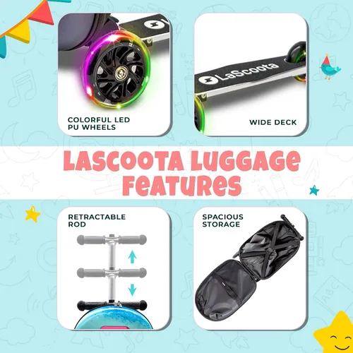 Vista 6 de Lascoota Maleta de scooter, equipaje plegable para niños, equipaje ligero para niños con ruedas, luces LED, maleta gráfica, maleta para niños