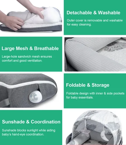 Vista 7 de Tumbona para bebé, tumbona portátil plegable de viaje para recién nacido de 0 a 12 meses, lavable y ligera, nido para bebé con toldo, nido de bebé