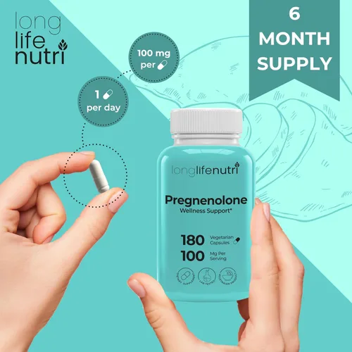 Vista 4 de Pregnenolone - Soporte para el cerebro y las hormonas - 180 cápsulas vegetales para mejorar la memoria, la concentración y la vitalidad - Fabricado