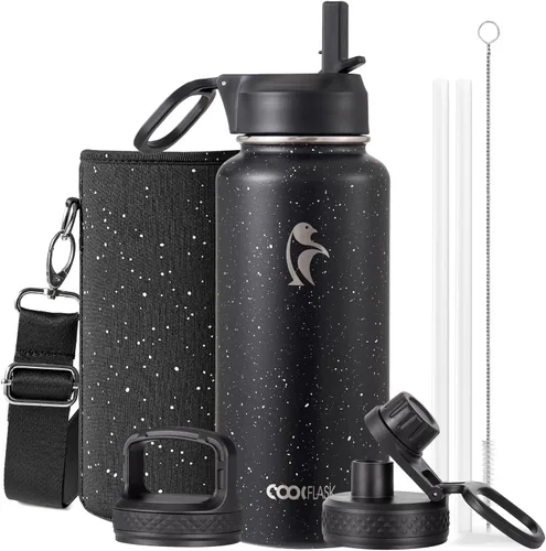 Vista 15 de Coolflask Botella de agua de 20 onzas aislada con pajilla, 3 tapas de metal de acero inoxidable, botella de agua de boca ancha para deportes u