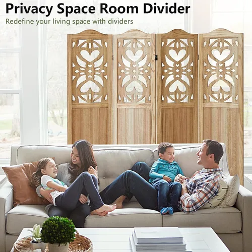 Vista 3 de Divisor de habitación de 4 paneles de madera tallada de 5.6 pies de alto, pantalla de privacidad plegable con bisagras dobles, divisor de división