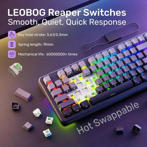 Vista 6 de AULA Teclado de 99 teclas, triple modo Bluetooth2.4GHzUSB-C teclado personalizado intercambiable en caliente, interruptores lineales prelubricados