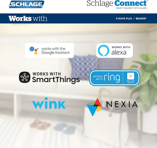 Vista 5 de Schlage Connect BE469ZP CAM 619 - Cerradura inteligente con alarma, moldura Camelot en níquel satinado, compatible con Z-Wave Plus (Paquete de 4)