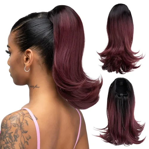 Vista 13 de Extensiones de cabello rizado con cordón para mujeres negras, 16 pulgadas de largo, sintético, afro, esponjoso, en capas, extensión de cola