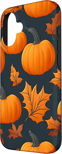 Vista 2 de iPhone 16 Pumpkins Black And Orange Plaid Fall Leaves Autumn Halloween Case