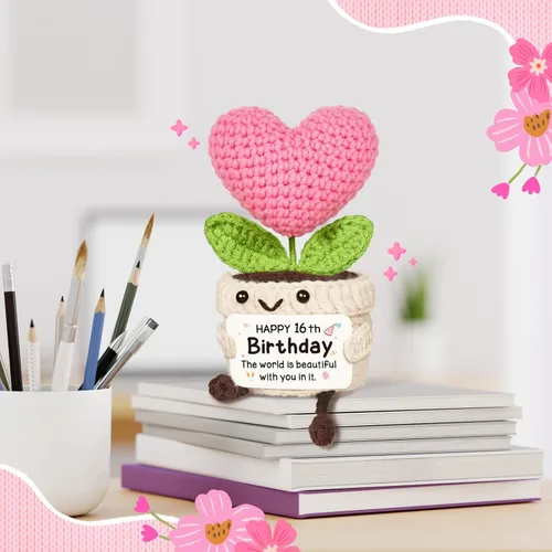 Vista 8 de Regalos de cumpleaños número 16 para niñas, flor de corazón rosa de ganchillo hecha a mano, regalos de dulces 16 para niñas, decoraciones