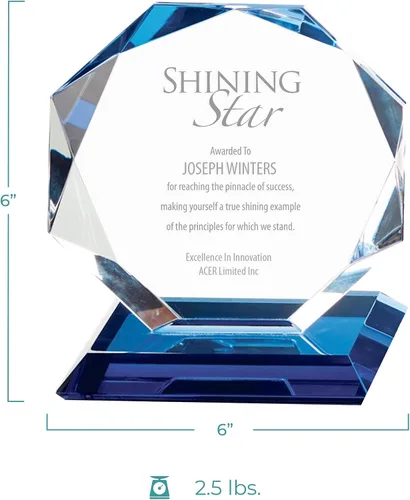Vista 3 de Baudville Grabado personalizado, trofeo octágono luminoso resaltado azul, premio de cristal, grabado personalizado de hasta tres líneas y selección