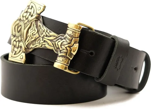 Vista 3 de Leather belt with Thor Hammer buckle, Scandinavian Old Norse Viking Mjolnir solid brass belt buckle on 1.5" or 1.8" leather strap