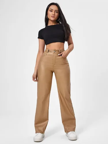Vista 5 de MakeMeChic Pantalones de mezclilla de piel con bolsillos de cintura alta para mujer