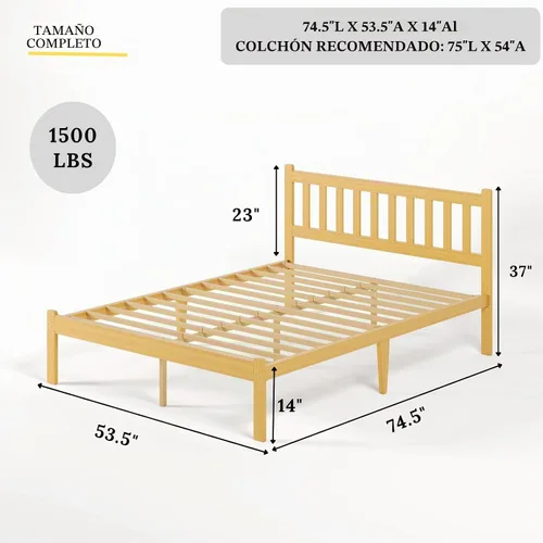 Vista 2 de Askeld Base de cama de madera tamaño matrimonial con cabecero, plataforma de bambú sólido de 14 pulgadas de alto, no necesita somier, marco de cama