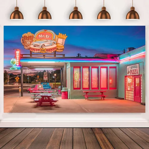 Vista 9 de Telón de fondo retro para restaurante de 10 x 7 pies, ruta 66, tienda de conveniencia, luces de neón de calle, fondo nostálgico, de los años 50