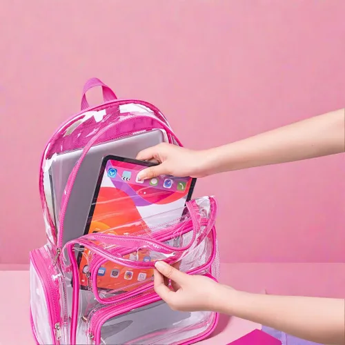 Vista 16 de CAMTOP Mochila transparente resistente y transparente para estudiantes, escuela, trabajo, festival, viajes, deportes, Beige, Mediana, Camtop Mochila
