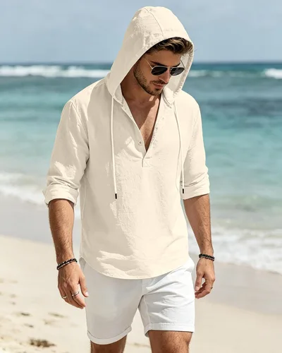 Vista 3 de Sudaderas con capucha de lino y algodón para hombre, estilo casual, manga larga, con botones, ligeras, informales, hawaianas, para la playa