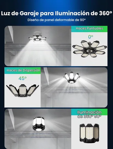 Vista 4 de luces LED de garaje - 250W techo LED con 8 paneles ajustables, 25000LM luz de tienda deformable para garaje, sótano, granero, luz de techo alto