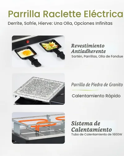 Vista 4 de Parrilla de Mesa Raclette - Parrilla Eléctrica Interior con Plancha - Antiadherente Extra Grande Reversible 4 en 1 para Exteriores Apta