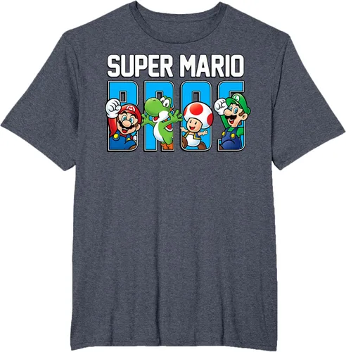 Vista 70 de Super Mario Bros Characters Letter Fill Graphic T-Shirt Camiseta, Negro