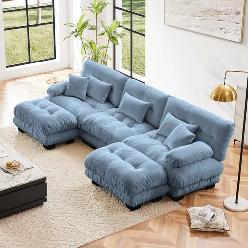 Vista 23 de Sofá modular en forma de U de 118 pulgadas con 2 otomanas, sofá de nube de terciopelo peletizado con almohadas de apoyabrazos de refuerzo, cómodo
