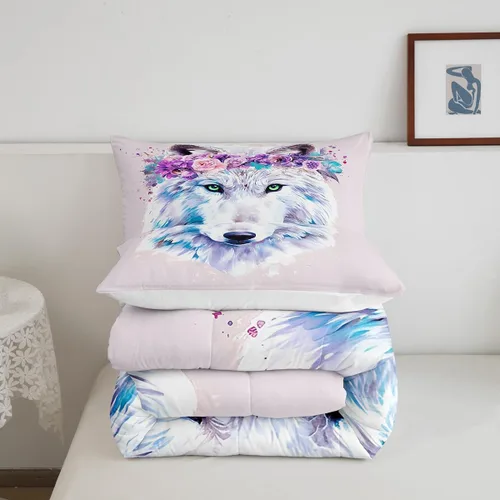 Vista 6 de Juego de ropa de cama de lobo con diseño de animales de safari con ojos verdes, juego de edredón de teñido anudado para niñas, flores florecientes