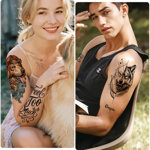 Vista 5 de 77 hojas de tatuajes temporales, 17 hojas de tatuajes de medio brazo de gatos, perros, conejos, leones y elefantes lindos para hombres, mujeres