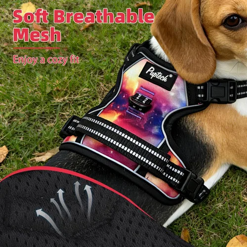 Vista 4 de PUPTECK Arnés táctico sin tirones para perro, tamaño mediano, arnés reflectante ajustable con asa para perro, de fácil control, cómodo y suave