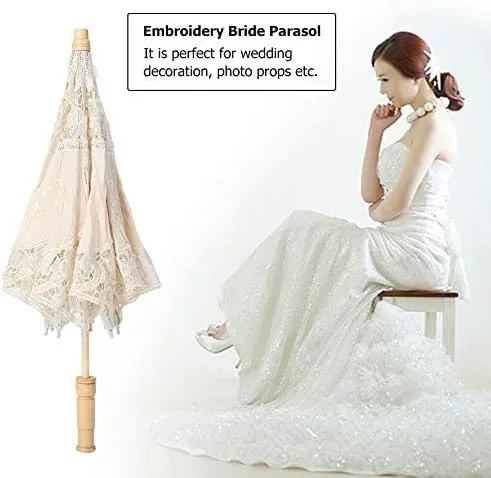 Vista 9 de Zerodis Sombrilla de encaje, tela de seda, bordada, para novia, accesorios de fotografía, decoración de boda (L-beige)