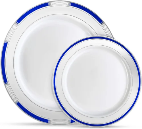 Vista 13 de Laura Stein Juego de vajilla de diseñador 32 cuencos de plástico desechables para fiestas, cuenco blanco con borde azul y detalles dorados