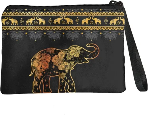 Vista 2 de Monedero para mujer con cremallera lindo monedero mini bolsa bolsa suave bolso de mano, Boho Elefante y Flores - Oro