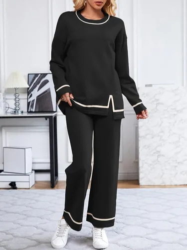 Vista 5 de I2CRAZY Conjunto de suéter para mujer, 2 piezas, manga larga, cuello redondo, cintura alta, pierna ancha, conjuntos de ropa de descanso
