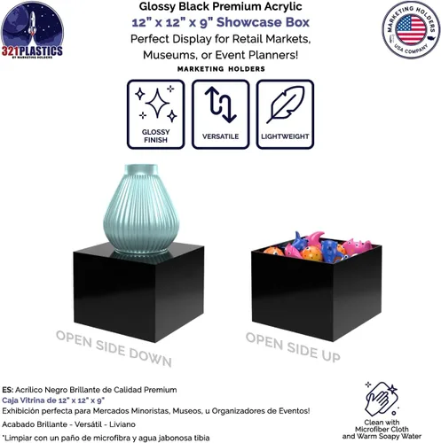 Vista 4 de Caja elevadora de acrílico de 12 x 12 x 9 pulgadas con un lado abierto sin tapa, negro brillante, versátil cubo cuadrado de almacenamiento