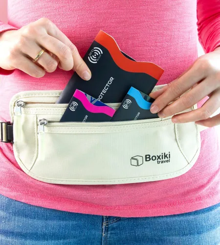 Vista 4 de Boxiki Travel - Fundas de bloqueo RFID con código de color para evitar robos de identidad y sobres de bloqueo RFID (azul marino)