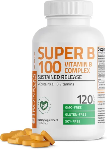 Vista 9 de Bronson Complejo de Vitamina B Super B 100 de Liberación Sostenida Contiene Todas las Vitaminas B (Vitamina B1, B2, B3, B6, B9 - Ácido Fólico, B12)