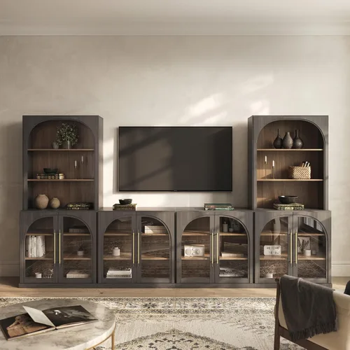 Vista 77 de BELLEZE Centro de entretenimiento modular de 4 piezas con almacenamiento, 2 vitrinas de madera moderna con gabinete arqueado y 2 armarios de puerta