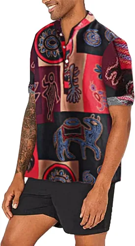 Vista 3 de Camisas de lino africano para hombre, estampado tradicional, manga corta, con botones, camisas hawaianas