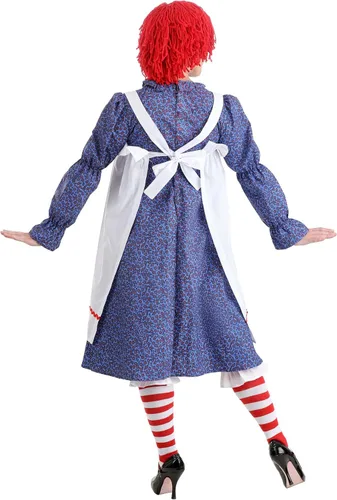 Vista 4 de Conjunto de disfraz de muñeca de trapo para mujer con peluca, vestido de muñeca de trapo para adultos, Azul, blanco, rojo.