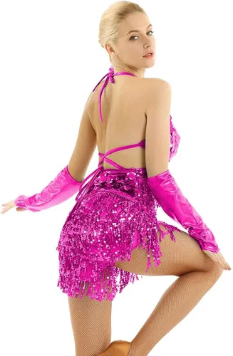 Vista 3 de YiZYiF Vestido de baile con cuello halter latino, salsa de tango, bailes y lentejuelas