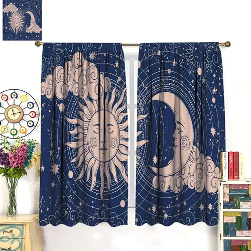 Vista 3 de Cortinas opacas con diseño de sol y luna, cuerpos celestes bohemios, con diseño de sol, luna y estrellas, para sala de estar, dormitorio, 42 x 45