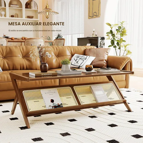 Vista 3 de Bamworld - Mesa de centro moderna de mediados de siglo con tapa de vidrio, mesa central de ratán con almacenamiento para sala de estar, color marrón