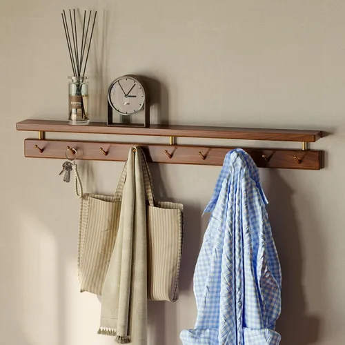 Vista 16 de Ganchos de pared de madera maciza con estante, perchero de pared, estante colgante de entrada con 6 ganchos de latón para sombreros, ropa, toallas