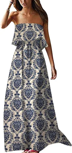 Vista 11 de ZMPSIISA Vestido largo de verano para mujer, con hombros descubiertos, sin A-flor azul