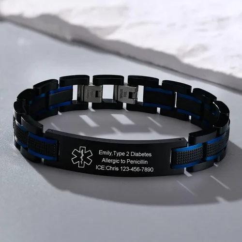 Vista 5 de VNOX Pulseras de identificación de alerta médica de emergencia de dos tonos para hombres, esposo, padre