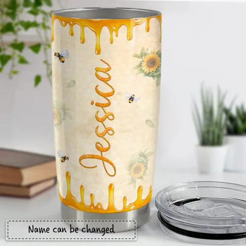 Vista 4 de SANDJEST Vaso personalizado de abeja con girasol de miel de 20oz 30oz con tapa, regalo para mujeres, niñas, hija, hermana, amantes de los animales