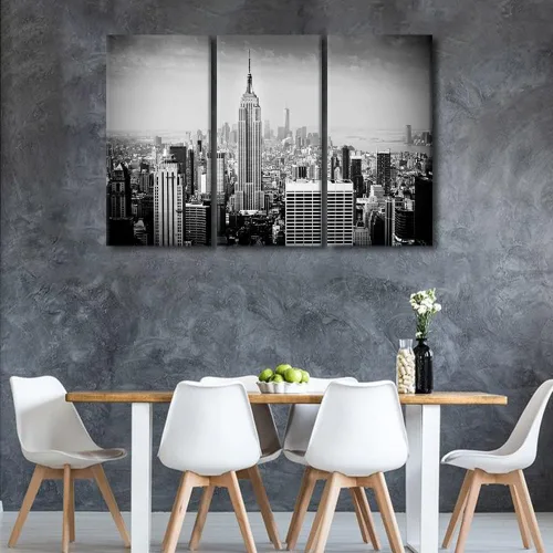 Vista 2 de TUMOVO Decoración de pared para sala de estar, color blanco y negro, pinturas de edificios sobre lienzo, 3 paneles, arte de pared para el hogar