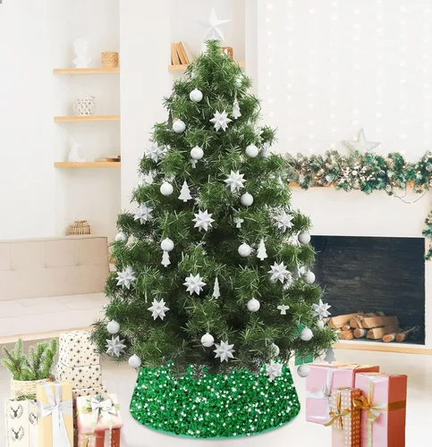 Vista 5 de Collar de Árbol de Navidad Faldas de Árbol Verdes para Árboles Artificiales de 23.6 Pulgadas Falda de Árbol Bordada con Lentejuelas Cubierta