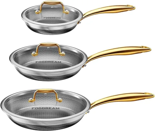 Vista 10 de FogDream Sartén antiadherente de 10 pulgadas con tapa, sartén híbrida de acero inoxidable de panal, compatible con inducción de tres capas, sartén