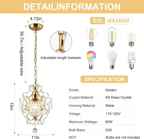 Vista 3 de Mini Candelabro Dorado Moderno, Lámparas de Luz de Cristal para Montaje en Techo de 1 Luz, Pequeños Candelabros de Cristal para Dormitorio, Elegante