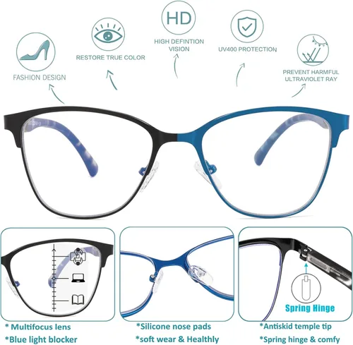 Vista 4 de Gafas de lectura progresivas multifocales para mujer con forma de ojo de gato, sin líneas, multienfoque, transición, bloqueo de luz azul, dama