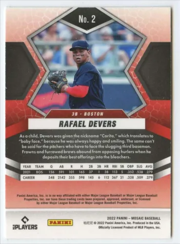 Vista 2 de Tarjeta de intercambio de béisbol Panini Mosaic #2 de Rafael Devers Boston Red Sox 2022